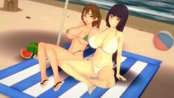 2girls beach big_breasts bikini breasts brown_hair cleavage clothed clothing cricgck curvy female female_only hi_res highres long_hair looking_at_viewer medium_hair multiple_girls navel please_don't_bully_me,_nagatoro pose president_(nagatoro) purple_hair red_eyes revealing_clothes sana_sunomiya shikki_(nagatoro) simple_background smile wide_hips