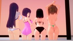 4girls ass big_ass big_breasts bikini black_hair breasts brown_hair cleavage clothed clothing cousins cricgck curvy female female_only hana_sunomiya hi_res highres long_hair looking_at_viewer looking_back medium_hair misaki_nagatoro multiple_girls navel please_don't_bully_me,_nagatoro president_(nagatoro) purple_hair red_eyes revealing_clothes sana_sunomiya shikki_(nagatoro) simple_background swimsuit wide_hips