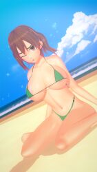 1girls beach big_breasts bikini breasts brown_eyes brown_hair clothed clothing cricgck curvy female female_focus female_only hi_res highres looking_at_viewer medium_hair navel open_mouth please_don't_bully_me,_nagatoro revealing_clothes shikki_(nagatoro) simple_background solo wide_hips wink