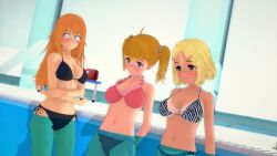 3d 3girls big_breasts bikini blonde_hair breasts brown_eyes clothed clothing cricgck female female_focus female_only gamo-chan hi_res highres medium_hair orange_eyes orange_hair please_don't_bully_me,_nagatoro pose revealing_clothes sakura_(nagatoro) simple_background tan tan-skinned_female tan_body tan_skin tanline tanned tanned_female yoshi_(nagatoro)