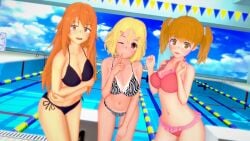 3d 3girls big_breasts blonde_hair blush breasts brown_eyes clothed clothing cricgck female female_only gamo-chan hi_res highres long_hair looking_at_viewer medium_hair multiple_girls orange_eyes orange_hair please_don't_bully_me,_nagatoro pool poolside revealing_clothes sakura_(nagatoro) simple_background tan tan-skinned_female tan_body tan_skin tanline tanned tanned_female twintails wink yoshi_(nagatoro)