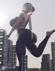 1girls 3d ass big_ass big_breasts bradengts breasts city clothing female female_only giantess hairband huge_ass huge_breasts light-skinned_female light_skin macro nier nier:_automata short_hair solo solo_female thick white_hair yoga_pants yorha_2b