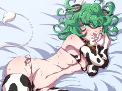 1girls bed bedsheets blush collar covering_mouth cow_bikini cow_ears cow_gloves cow_print cow_print_thighhighs cow_tail cowbell curly_hair embarrassed female_only green_eyes green_hair hanya_(hanya_yashiki) hiding_face horns nervous one-punch_man petite short_hair small_breasts solo solo_female sweat sweatdrop sweating tatsumaki