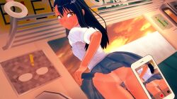 1girls 3d black_hair blush breasts brown_eyes censored clothed clothing cricgck female female_focus female_only filming hayase_nagatoro hi_res highres long_hair looking_at_viewer looking_back please_don't_bully_me,_nagatoro pussy_juice revealing_clothes simple_background skirt skirt_lift small_breasts smile solo sweat tan tan-skinned_female tan_body tan_skin tanline tanned tanned_female upskirt