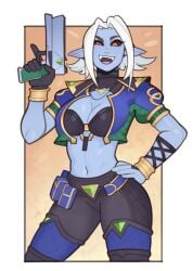 1girls blue-skinned_female blue_skin breasts cleavage female fully_clothed gun hi-rez_studios midriff navel paladins paladins_champions_of_the_realm saati_(paladins) splashbrush trigger_discipline weapon white_hair