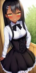 1girls ai_generated black_hair blush breasts brown_eyes clothed clothing dress female female_focus female_only hayase_nagatoro hi_res highres long_hair looking_at_viewer nai_diffusion pixiz-sama please_don't_bully_me,_nagatoro revealing_clothes simple_background small_breasts smile solo stable_diffusion tan tan-skinned_female tan_body tan_skin tanned tanned_female