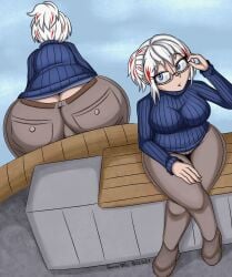 1girls 2023 ass ass_cleavage baron_vee butt_crack digital_media_(artwork) fuyumi_todoroki glasses my_hero_academia sweater white_hair