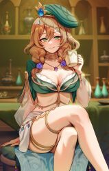 1girls absurdres big_breasts breasts brown_hair female foxy_rain_(foxyreine) foxyrain_(foxyreine) foxyreine genshin_impact green_eyes highres holding_object light_skinned_female lisa_(a_sobriquet_under_shade)_(genshin_impact) lisa_(genshin_impact) long_hair looking_at_viewer png smile solo tagme thick_thighs