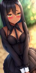 1girls ai_generated black_hair blush breasts brown_eyes clothed clothing dress female female_focus female_only hayase_nagatoro hi_res highres long_hair looking_at_viewer nai_diffusion pixiz-sama please_don't_bully_me,_nagatoro revealing_clothes simple_background small_breasts smile solo stable_diffusion tan tan-skinned_female tan_body tan_skin tanned tanned_female