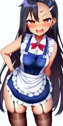 1girls ai_generated big_breasts black_hair blush breasts brown_eyes clothed clothing curvy dress fangs female female_focus female_only hayase_nagatoro hi_res highres long_hair looking_at_viewer maid maid_uniform nai_diffusion navel open_mouth pixiz-sama please_don't_bully_me,_nagatoro revealing_clothes simple_background smile solo stable_diffusion tan tan-skinned_female tan_body tan_skin tanned tanned_female wide_hips