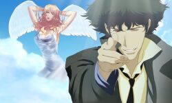 angel angel_wings bangs blonde_hair blue_eyes breasts brown_eyes cowboy_bebop curls curly_hair green_hair happyboynumber1 heaven julia_(cowboy_bebop) lingerie spike_spiegel