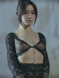 1girls 3d areolae asian asian_female athletic athletic_female black_hair brown_eyes busty dani_nakamura female female_focus female_only hourglass_figure karen_fukuhara lingerie long_hair lucosmico nipples see-through see-through_clothing small_breasts solo standing tagme the_callisto_protocol tied_hair