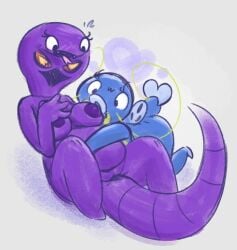 anthro arbok areola big_breasts black_eyes blue_body blue_scales blush blush_lines breasts cathy_(junktrashman) duo eyelashes fangs featureless_feet female forked_tongue generation_1_pokemon generation_3_pokemon genitals grey_background hi_res junkbag lissandra_(junkbag) nintendo nipples nude open_mouth overweight overweight_female pokemon pokemon_(species) purple_areola purple_body purple_nipples purple_scales pussy scales simple_background teeth thick_thighs tongue whiscash wide_hips