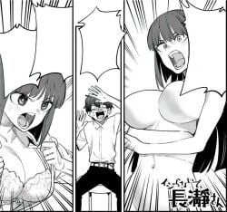 1boy 2girls 774_(nanashi) big_breasts blush bra breasts cleavage convenient_censoring curvy edit female half-dressed hana_sunomiya hi_res highres long_hair looking_at_viewer medium_hair monochrome naoto_hachioji_(senpai) navel nude official_art open_mouth please_don't_bully_me,_nagatoro president_(nagatoro) sana_sunomiya short_hair simple_background spread_legs sweat third-party_edit underboob undressing watermark white_background wide_hips