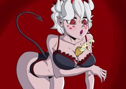 beelzebub_(helltaker) breasts food helltaker helltaker_(character) horn muri_senpai red_eyes tail underwear white_hair