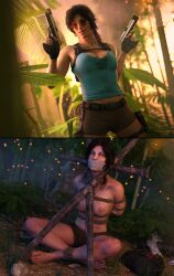 3d barefoot busty comic dual_wielding female female_focus female_only hourglass_figure instant_loss_2koma lara_croft lara_croft_(survivor) prisoner red-tinted_eyewear restrained spm_fx sunglasses tank_top tinted_eyewear tomb_raider tomb_raider_(survivor) topless undressed wide_hips