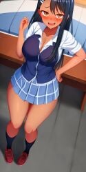 1girls ai_generated big_breasts black_hair blush breasts brown_eyes clothed clothing curvy female female_focus female_only hayase_nagatoro hi_res highres long_hair looking_at_viewer nai_diffusion navel pixiz-sama please_don't_bully_me,_nagatoro revealing_clothes school_uniform schoolgirl simple_background skirt smile solo stable_diffusion tan tan-skinned_female tan_body tan_skin tanned tanned_female wide_hips