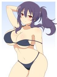 1girls accurate_art_style beauty_mark bikini collarbone female gradient_background ichiryuu_tsumiki large_breasts light-skinned_female light_skin looking_at_viewer midriff navel purple_hair red_eyes rin_(senran_kagura) senran_kagura simple_background skindentation smile solo suzune_(senran_kagura)