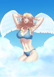 1girls angel angel_wings bangs belly_button blonde_hair blue_eyes bra breasts cowboy_bebop curls curly_hair happyboynumber1 heaven julia_(cowboy_bebop) lingerie naked nipples nude nude_female panties