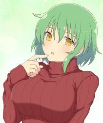 1girls female gradient_background green_hair hikage_(senran_kagura) huge_breasts ichiryuu_tsumiki impossible_clothes light-skinned_female light_skin looking_at_viewer medium_hair open_mouth senran_kagura simple_background slit_pupils solo standing sweater yellow_eyes