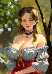 1girls busty choker cleavage green_eyes large_breasts lips long_hair looking_at_viewer outdoors portrait ribosoma_42