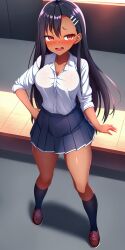 1girls ai_generated big_breasts black_hair blush breasts brown_eyes clothed clothing curvy female female_focus female_only hayase_nagatoro hi_res highres long_hair looking_at_viewer nai_diffusion navel pixiz-sama please_don't_bully_me,_nagatoro revealing_clothes school_uniform schoolgirl simple_background skirt smile solo stable_diffusion tan tan-skinned_female tan_body tan_skin tanned tanned_female wide_hips