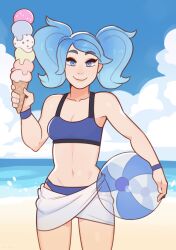 1girls beach beach_ball beach_towel blue_eyes blue_hair breasts evie_(paladins) female hi-rez_studios ice_cream light-skinned_female light_skin looking_at_viewer medium_breasts paladins sea seaside smile solo splashbrush twintails