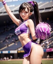 1girls ai_generated asian_female ass black_hair cheerleader cheerleader_uniform large_breasts looking_at_viewer miniskirt panty_peek pom_poms skirt smiling_at_viewer thighs tied_hair upskirt