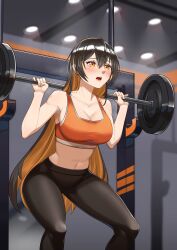 1girls absurdres barbell black_hair black_pants blush borrowed_character breasts ceiling_light clearvoyancekun cleavage clothed commission cryptocurrency earrings exercise feet_out_of_frame female female_only highres indoors jewelry large_breasts long_hair midriff monero-chan multicolored_hair navel open_mouth orange_eyes orange_hair orange_sports_bra original pants power_rack second-party_source solo sports_bra sweat two-tone_hair underwear very_long_hair weightlifting workout_clothes yoga_pants