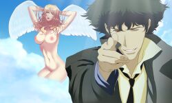 angel angel_wings bangs belly_button blonde_hair blue_eyes breasts brown_eyes cowboy_bebop curls curly_hair green_hair happyboynumber1 heaven julia_(cowboy_bebop) naked nipples nude nude_female pussy spike_spiegel