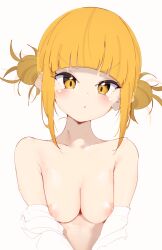 :o absurdres bangs bare_shoulders blonde_hair blunt_bangs blush breasts collarbone dot_nose double_bun female hair_bun highres himiko_toga looking_at_viewer medium_breasts messy_hair my_hero_academia nipples open_mouth puffy_nipples rasusurasu shirt sidelocks simple_background solo straight_hair tsurime undressing upper_body v-shaped_eyebrows white_background white_shirt yellow_eyes