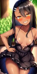 1girls ai_generated black_hair blush breasts brown_eyes clothed clothing dress female female_focus female_only hayase_nagatoro hi_res highres long_hair looking_at_viewer nai_diffusion pixiz-sama please_don't_bully_me,_nagatoro revealing_clothes simple_background small_breasts smile solo stable_diffusion tan tan-skinned_female tan_body tan_skin tanned tanned_female