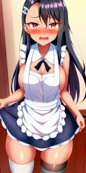 1girls ai_generated big_breasts black_hair blush breasts brown_eyes clothed clothing curvy dress fangs female female_focus female_only hayase_nagatoro hi_res highres long_hair looking_at_viewer maid maid_uniform nai_diffusion navel open_mouth pixiz-sama please_don't_bully_me,_nagatoro revealing_clothes simple_background smile solo stable_diffusion tan tan-skinned_female tan_body tan_skin tanned tanned_female wide_hips