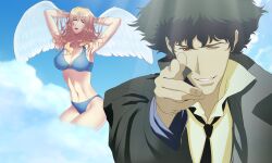 angel angel_wings bangs belly_button blonde_hair blue_eyes bra breasts brown_eyes cowboy_bebop curls curly_hair green_hair happyboynumber1 heaven julia_(cowboy_bebop) lingerie naked nipples nude nude_female panties spike_spiegel