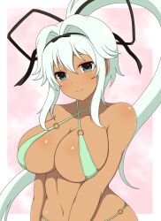 1girls bikini black_eyes collarbone female hairband huge_breasts ichiryuu_tsumiki looking_at_viewer marvelous midriff navel ponytail senran_kagura senran_kagura_new_wave senran_kagura_peach_beach_splash sidelocks simple_background skindentation smile solo tan_body very_long_hair white_hair yuyaki_(senran_kagura)