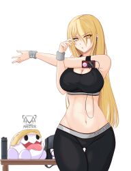 1girls belly_button breasts female female_only geoexe gwain_(gwain_saga) gwain_saga large_breasts martin_the_master marumashuu solo sports_bra stretching tank_top thick_thighs thigh_gap yoga_pants