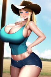 ai_generated big_breasts blonde_hair blue_eyes blue_tank_top blush cleavage cowboy_hat curvy curvy_figure huge_ass huge_breasts long_hair looking_at_viewer metroid nai_diffusion samus_aran seductive_smile shiny_clothes shiny_hair shiny_skin short_shorts stable_diffusion sweat thick_thighs voluptuous wide_hips