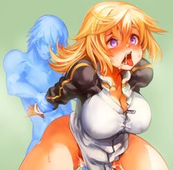 ahe_gao blonde_hair blush bottomless breasts charlotte_dunois cleavage collarbone cum cum_on_body cum_on_lower_body doggy_style face fucked_silly infinite_stratos large_breasts long_hair naked_track_jacket nipple_bulge open_mouth purple_eyes raglan_sleeves sachito saliva sex sweat thick_thighs thighs tongue tongue_out track_jacket wrist_grab zipper