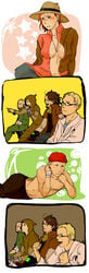 2girls 4koma ahoge arcade_gannon beret blush comic craig_boone fallout fallout_new_vegas female gaijin_4koma ghoul_(fallout) glasses gloves hat highres hood human jewelry jumpsuit labcoat meme moustache necklace no_bra open_clothes open_shirt parody pip-boy raul_tejada red_hair robe rose_of_sharon_cassidy scar shirtless the_courier topless veronica_santangelo