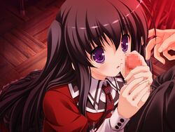 black_hair bloody_rondo censored game_cg kamizu_sayaka penis purple_eyes sakaki_maki