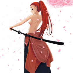 back_view backboob beige_skin breasts closed_mouth color female female_only genjuro_kibagami hair hand_on_hip human long_hair looking_back open_eyes ponytail red_eyes red_hair round_ears rule_63 samurai_shodown solo standing sword tied_hair weapon