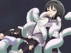 1girls akemi_homura ambiguous_penetration black_hair blood breasts censored clothing covered_penetration exposed_breasts female flat_chest hairband highres implied_penetration implied_sex long_hair mahou_shoujo_madoka_magica mosaic_censoring nipples open_mouth pantyhose penis_tentacles purple_eyes restrained sex_under_clothes sex_under_skirt skirt solo tam2 tears tentacle tentacle_under_clothes tentacle_under_skirt tentacles_under_clothes torn_clothes torn_pantyhose