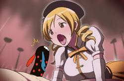 /\/\/\ 1girls absurd_res absurdres blonde_hair breasts butcha-u charlotte_(madoka_magica) drill_hair drooling eroquis fellatio hat high_resolution highres human irony large_breasts lowres mahou_shoujo_madoka_magica open_mouth oral oral_sex parody penis role_reversal saliva spoilers tied_hair tomoe_mami tongue tongue_out twin_drills twintails yellow_eyes