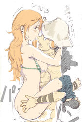 ass black_hair female leg_lock long_hair male nami nose_blowjob one_piece orange_hair post-timeskip sex sucking_nose sweat text translation_request tsukinowa tsukinowa_(pixiv) uncommon_stimulation upright_straddle usopp vaginal_penetration