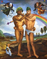 2boys 2girls airplane angel army blunt_bangs celebrity cloud don't_ask_don't_tell fine_art_parody full_body garrison_cap kathy_griffin lady_gaga long_hair military military_helmet mountainous_horizon musician nature outdoors paul_richmond penis rainbow real_person rifle river standing tree uncensored white_hair