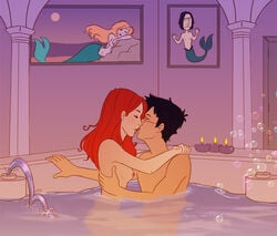 1boy 1girls bath bathroom bathtub black_hair breasts brown_hair bubble bubbles candle closed_eyes female glasses harry_potter hogwarts james_potter julvett kissing lily_evans long_hair male mermaid naked nipples nude painting prefects'_bathroom severus_snape short_hair siren sleeping soap_bubbles water