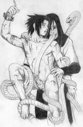 2boys adult_and_teenager age_difference anal_insertion barefoot blood blush bondage chained_wrists clothed_male_nude_male clothed_on_nude cmnm gay injury long_tongue male male_only monochrome monster_boy naruto nude orochimaru penis sasuke_uchiha scars snake snake_tentacles teacher_and_student tentacle_on_male tentacles_on_male tonguejob traditional_media_(artwork) yaoi