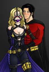 1boy 1girls abs artist_request batgirl batgirl_(stephanie_brown) batman_(series) bondage breasts cleavage clothed dc dc_comics female gag gagged male muscular red_robin robin_(dc) robin_(tim_drake) stephanie_brown tim_drake