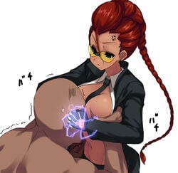 angry bald between_breasts blush braid breast_grab breast_smother breasts crimson_viper dark_skin earrings female formal human jewelry large_breasts long_hair male milf necktie necktie_between_breasts open_clothes open_shirt pompadour red_hair shirt single_braid straight street_fighter street_fighter_iv suit sunglasses sweatdrop tamasaa tan trembling