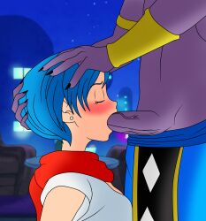 1boy 1girls 2023 anthro anthro_on_human balls beerus blue_hair blush bulma_briefs closed_eyes clothing dragon_ball dragon_ball_super fellatio female furry hand_on_head highres male oral penis scarf setthh98 shirt short_hair straight testicles